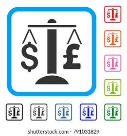 Dollar Pound Balance icon. Flat gray pictogram symbol inside a light blue rounded frame. Black, gray, green, blue, red, orange color variants of Dollar Pound Balance vector.