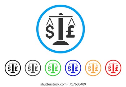 Dollar Pound Balance rounded icon. Style is a flat dollar pound balance grey symbol inside light blue circle with black, gray, green, blue, red, orange variants.