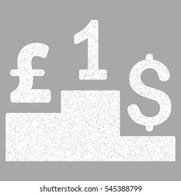 Dollar Pound Competition grainy textured icon for overlay watermark stamps. Flat symbol with unclean texture. Dotted vector white ink rubber seal stamp with grunge design on a silver background.