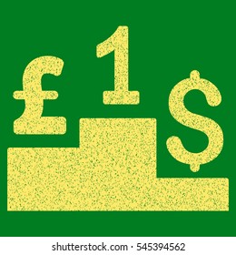 Dollar Pound Competition grainy textured icon for overlay watermark stamps. Flat symbol with scratched texture. Dotted vector yellow ink rubber seal stamp with grunge design on a green background.
