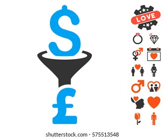 Dollar Pound Conversion Filter pictograph with bonus passion pictograms. Vector illustration style is flat iconic elements for web design, app user interfaces.
