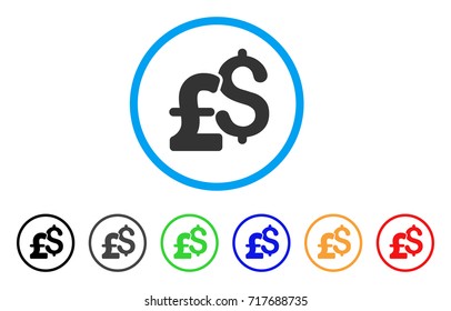 Dollar And Pound Currency rounded icon. Style is a flat dollar and pound currency grey symbol inside light blue circle with black, gray, green, blue, red, orange versions.