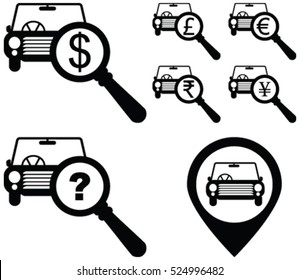 Dollar, Pound, Euro, Rupee, Yen money sign with magnifying glass on a car. Car search, car selling, car deal  vector icon.  Map location search for a car deal icon.