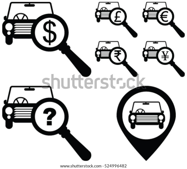 Dollar, Pound, Euro, Rupee,\
Yen money sign with magnifying glass on a car. Car search, car\
selling, car deal  vector icon.  Map location search for a car deal\
icon.
