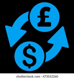 Dollar Pound Exchange icon. Vector style is flat iconic symbol with rounded angles, blue color, black background.