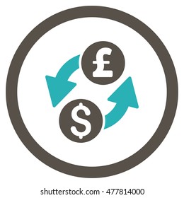 Dollar Pound Exchange rounded icon. Vector illustration style is flat iconic bicolor symbol, grey and cyan colors, white background.
