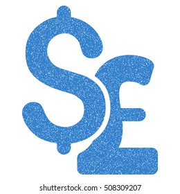 Dollar and Pound grainy textured icon for overlay watermark stamps. Flat symbol with dirty texture. Dotted vector cobalt ink rubber seal stamp with grunge design on a white background.