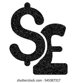 Dollar and Pound grainy textured icon for overlay watermark stamps. Flat symbol with scratched texture. Dotted vector black ink rubber seal stamp with grunge design on a white background.