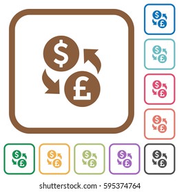 Dollar Pound money exchange simple icons in color rounded square frames on white background