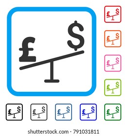 Dollar Pound Swing icon. Flat grey pictogram symbol in a light blue rounded rectangle. Black, gray, green, blue, red, orange color versions of Dollar Pound Swing vector.