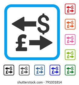 Dollar Pound Transactions icon. Flat grey iconic symbol in a light blue rounded squared frame. Black, gray, green, blue, red, orange color variants of Dollar Pound Transactions vector.