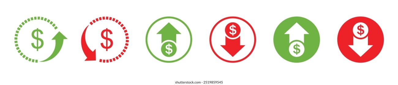 Precio de dólar arriba y abajo estilo de línea de iconos. Gráfico de monedas de dólar arriba y abajo. El costo del dinero reduce el crecimiento y la caída. Inversión en divisas. Icono de flecha de dólar arriba y abajo en estilo plano. Icono de Vector.