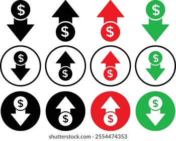 Dollar price up and down icon line style. Dollar coin graph up and down. Money cost arrow growth, decline. Up and down dollar arrow icon in flat design