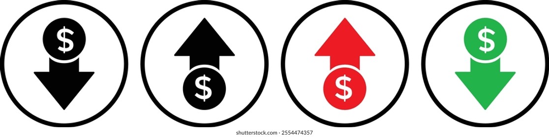 Dollar price up and down icon line style. Dollar coin graph up and down. Money cost arrow growth, decline. Up and down dollar arrow icon in flat design