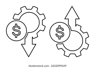Dollar price up and down icon line style. Dollar coin graph up and down. Money cost arrow growth, decline. cost reduction icon.