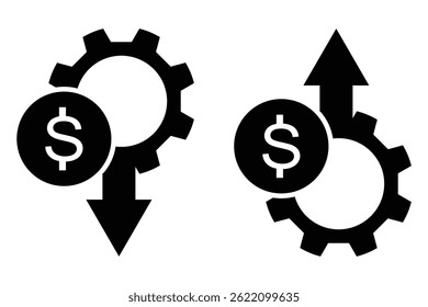 Dollar Preis nach oben und unten Symbol Linie Stil. Dollarmünzen-Diagramm nach oben und unten. Geldkosten Pfeilwachstum, Rückgang. Kostenreduzierungssymbol.