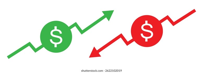 Dollar price up and down icon line style. Dollar coin graph up and down. Money cost arrow growth, decline. Dollar increase and decrease vector icons.