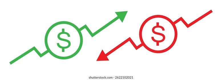 Estilo de linha do ícone de preço em dólar para cima e para baixo. Gráfico de moedas de dólar para cima e para baixo. Crescimento da seta do custo monetário, declínio. Dólar aumenta e diminui ícones de vetor.