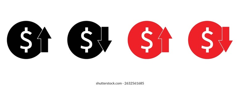 Precio de dólar arriba y abajo estilo de línea de iconos. Gráfico de monedas de dólar arriba y abajo. El costo del dinero reduce el crecimiento y la caída. Iconos vectoriales de aumento y disminución de dólares. Ilustración vectorial. EPS 20