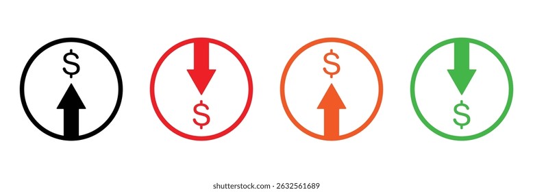 Estilo de linha do ícone de preço em dólar para cima e para baixo. Gráfico de moedas de dólar para cima e para baixo. Crescimento da seta do custo monetário, declínio. Dólar aumenta e diminui ícones de vetor. Ilustração vetorial . EPS 20