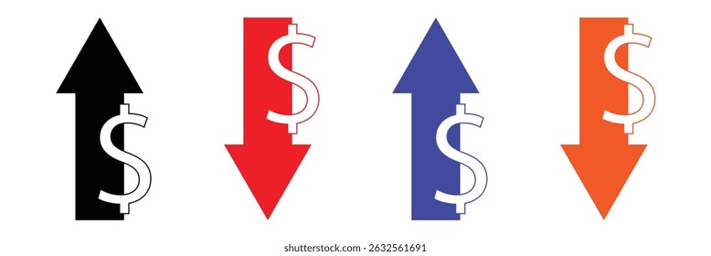 Precio de dólar arriba y abajo estilo de línea de iconos. Gráfico de monedas de dólar arriba y abajo. El costo del dinero reduce el crecimiento y la caída. Iconos vectoriales de aumento y disminución de dólares. Ilustración vectorial. EPS 20