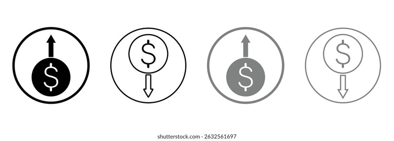 Estilo de linha do ícone de preço em dólar para cima e para baixo. Gráfico de moedas de dólar para cima e para baixo. Crescimento da seta do custo monetário, declínio. Dólar aumenta e diminui ícones de vetor. Ilustração vetorial . EPS 20