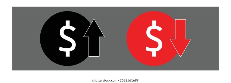 Dollar price up and down icon line style. Dollar coin graph up and down. Money cost arrow growth, decline. Dollar increase and decrease vector icons. Vector Illustration . EPS 20 .