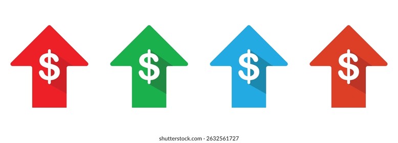 Precio de dólar arriba y abajo estilo de línea de iconos. Gráfico de monedas de dólar arriba y abajo. El costo del dinero reduce el crecimiento y la caída. Iconos vectoriales de aumento y disminución de dólares. Ilustración vectorial. EPS 20