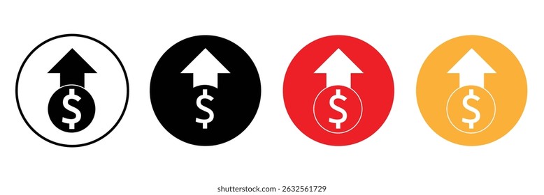 Precio de dólar arriba y abajo estilo de línea de iconos. Gráfico de monedas de dólar arriba y abajo. El costo del dinero reduce el crecimiento y la caída. Iconos vectoriales de aumento y disminución de dólares. Ilustración vectorial. EPS 20