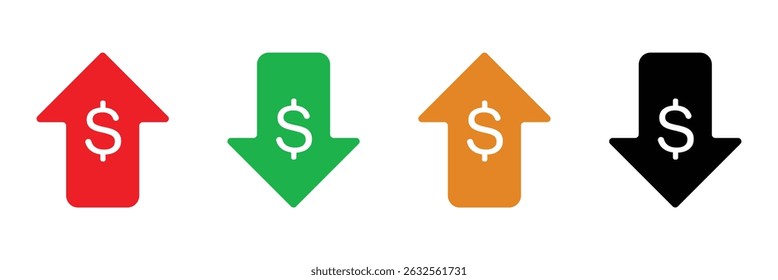 Dollar price up and down icon line style. Dollar coin graph up and down. Money cost arrow growth, decline. Dollar increase and decrease vector icons. Vector Illustration . EPS 20 .