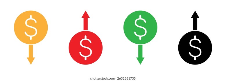 Dollar Preis nach oben und unten Symbol Linie Stil. Dollarmünzen-Diagramm nach oben und unten. Geldkosten Pfeilwachstum, Rückgang. Dollar erhöht und verringert Vektorsymbole. Vektorgrafik . EPS 20