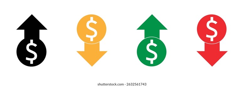 Precio de dólar arriba y abajo estilo de línea de iconos. Gráfico de monedas de dólar arriba y abajo. El costo del dinero reduce el crecimiento y la caída. Iconos vectoriales de aumento y disminución de dólares. Ilustración vectorial. EPS 20