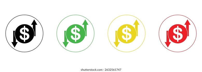 Dollar Preis nach oben und unten Symbol Linie Stil. Dollarmünzen-Diagramm nach oben und unten. Geldkosten Pfeilwachstum, Rückgang. Dollar erhöht und verringert Vektorsymbole. Vektorgrafik . EPS 20