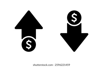 Dollar price up and down icon. USD coin growth and decline sign symbol
