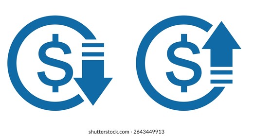 Dollar price up down icon vector. Increase and decrease dollar price icon isolated on white background. Rise and fall currency value sign symbol. 