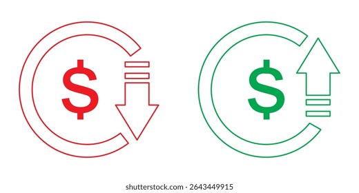 Dollar price up down icon vector. Increase and decrease dollar price icon isolated on white background. Rise and fall currency value sign symbol. 