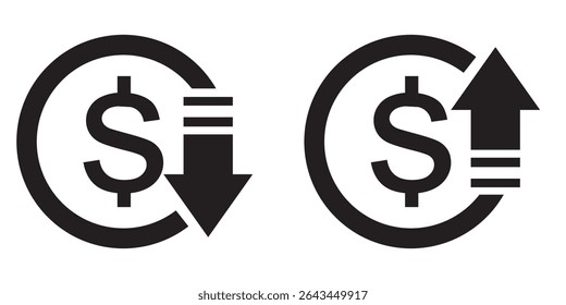 Dollar price up down icon vector. Increase and decrease dollar price icon isolated on white background. Rise and fall currency value sign symbol. 