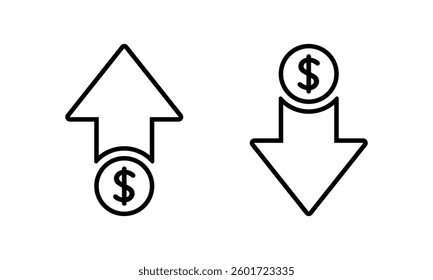 Dollar price up and down outline icon isolated on white background. USD coin growth and decline sign symbol