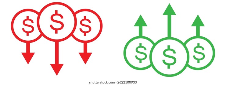 Dollar price up and down vector icon in outline style. Dollar coin graph up and down symbol. Money cost arrow growth, decline. Up and down dollar outline icon. cost reduction icon.