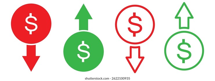 Ícone de vetor para cima e para baixo com preço em dólar no estilo de estrutura de tópicos. Símbolo de para cima e para baixo do gráfico de moedas de dólar. Crescimento da seta do custo monetário, declínio. Ícone de contorno para cima e para baixo em dólar. ícone de redução de custo.