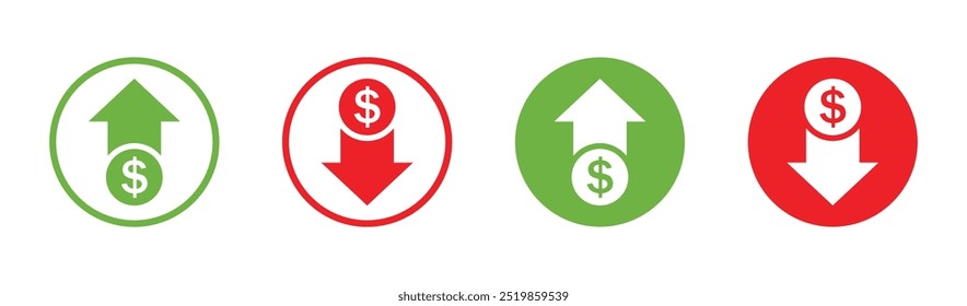 Precio de dólar hacia arriba y hacia abajo icono de signo de Vector en estilo plano o línea. Gráfico de monedas de dólar arriba y abajo. El costo del dinero reduce el crecimiento y la caída. Inversión en divisas. Precio de mercado. Vector de flecha de dólar arriba y abajo.