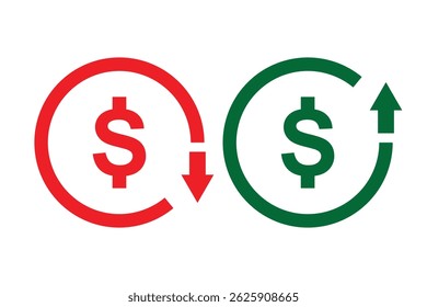 Dollar price up and down vector sign icon. Money cost arrow growth, decline. Cost Reduction icon. Vector business concept in flat style.
