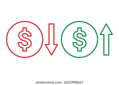 Dollar price up and down vector sign icon. Money cost arrow growth, decline. Cost Reduction icon. Vector business concept in flat style.
