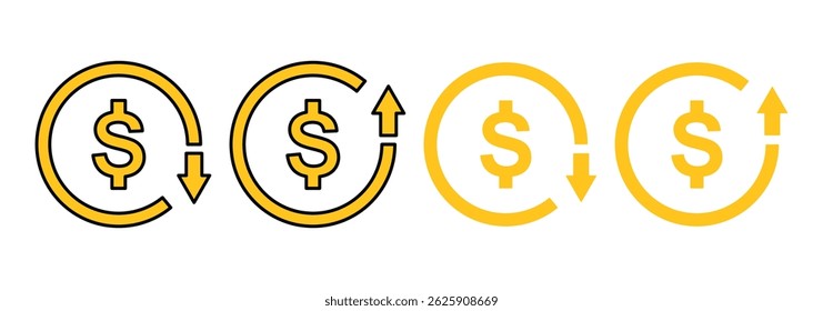 Dollar price up and down vector sign icon. Money cost arrow growth, decline. Cost Reduction icon. Vector business concept in flat style.
