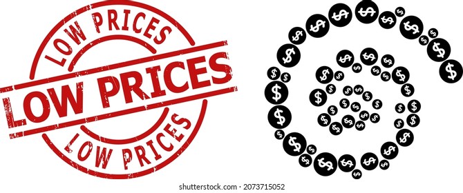 Dollar price icon spiral twirl collagewith Low Prices dirty stamp seal. Dollar price icons are organized into twist vector illustration. Red stamp seal has Low Prices caption inside round shape.