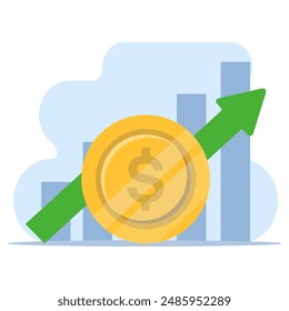 Dollar price increase concept, money symbol with arrow stretching upwards. price increases. Business expenses sales icon. cash salary increase. investment growth. flat vector illustration.