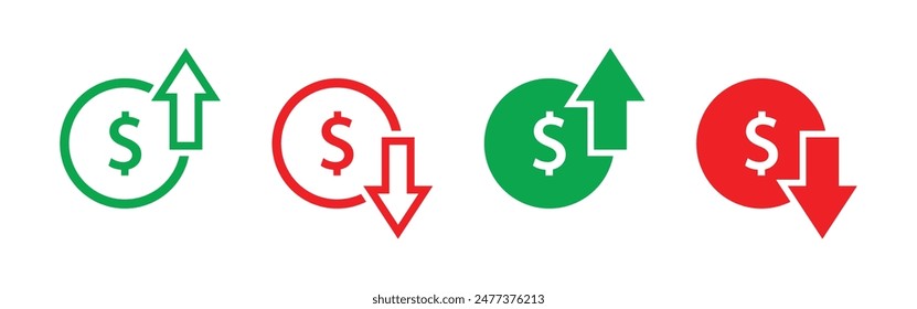 Precio de dólar aumentando y disminuyendo conjunto de iconos en color verde y rojo. Moneda que sube y baja símbolo establecido. Moneda de dólar con flecha arriba y abajo con contorno y relleno aislado sobre fondo blanco.