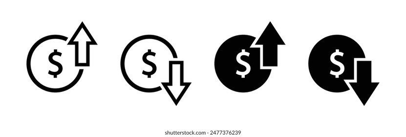 Precio de dólar aumentando y disminuyendo conjunto de iconos en color blanco y negro. Moneda que sube y baja símbolo establecido. Moneda de dólar con flecha arriba y abajo con contorno y relleno aislado sobre fondo blanco.