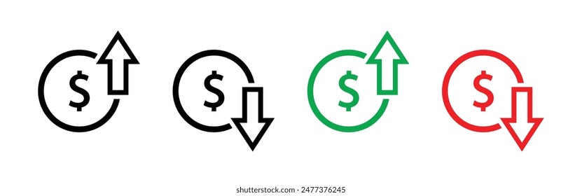 Dollar Preis Erhöhen und Verringern Symbol in Schwarz, Grün und Rot. Das Symbol für steigende und fallende Währungen. Dollar-Münze mit Pfeil nach oben und unten mit Umriss auf weißem Hintergrund isoliert.