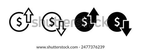 Dollar price increasing and decreasing icon set in black and white color. Currency rising and falling symbol set. Dollar coin with up and down arrow with outline and fill isolated on white background.